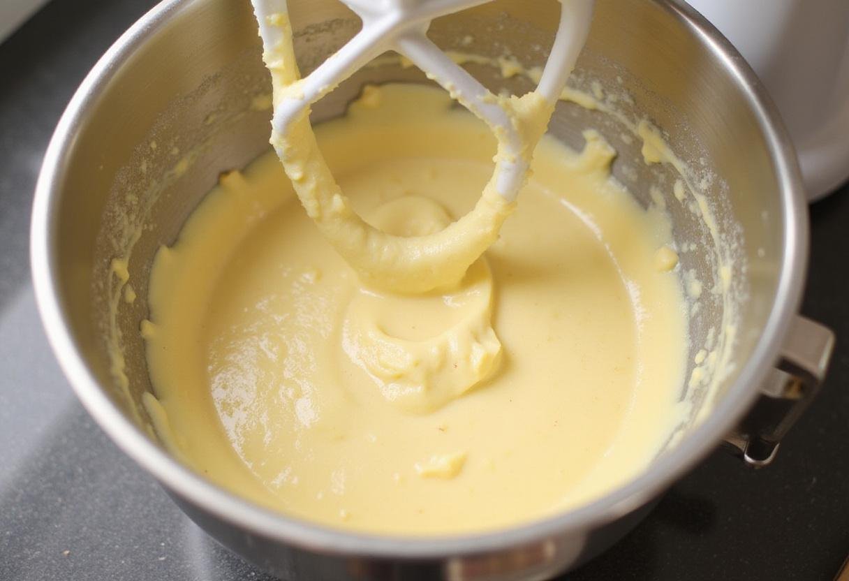 Mixing the butter and sugar for s'mores chocolate chip cookies, showcasing a smooth and creamy mixture in a mixing bowl.