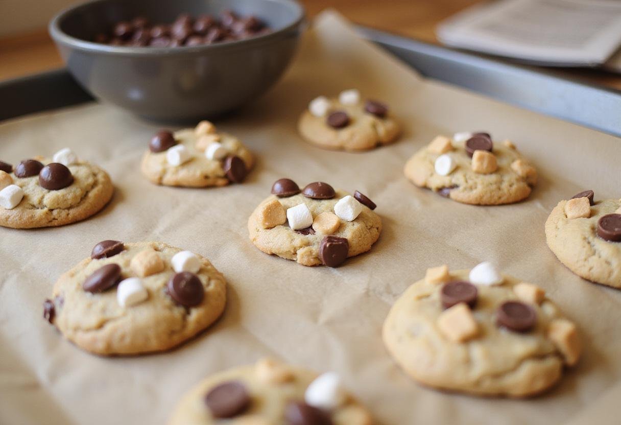 Preparing s'mores chocolate chip cookie dough with chocolate chips and mini marshmallows added, ready for baking on a parchment-lined baking sheet.