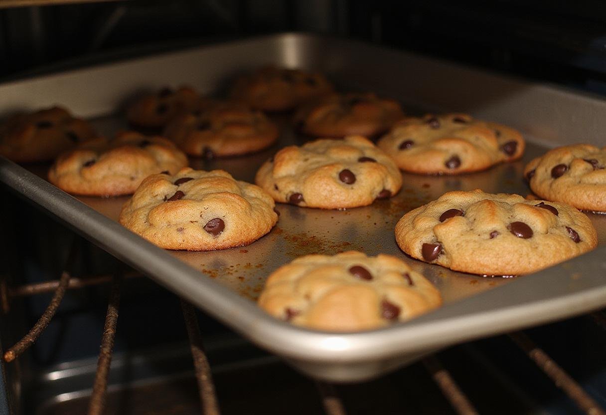 Freshly baked s'mores chocolate chip cookies coming out of the oven, showcasing their gooey texture and chocolatey goodness.