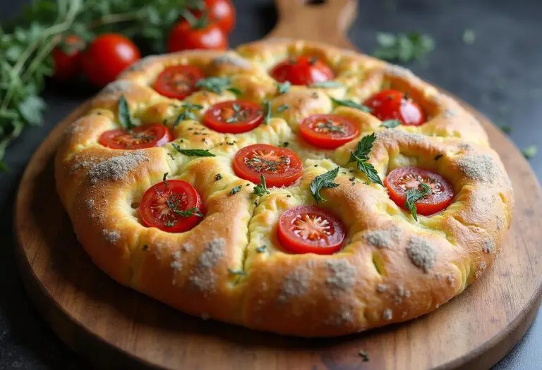 Perfectly baked sourdough focaccia bread with a crispy crust and soft inside. Showcasing the beauty of sourdough discard focaccia with vibrant toppings on a rustic cutting board.