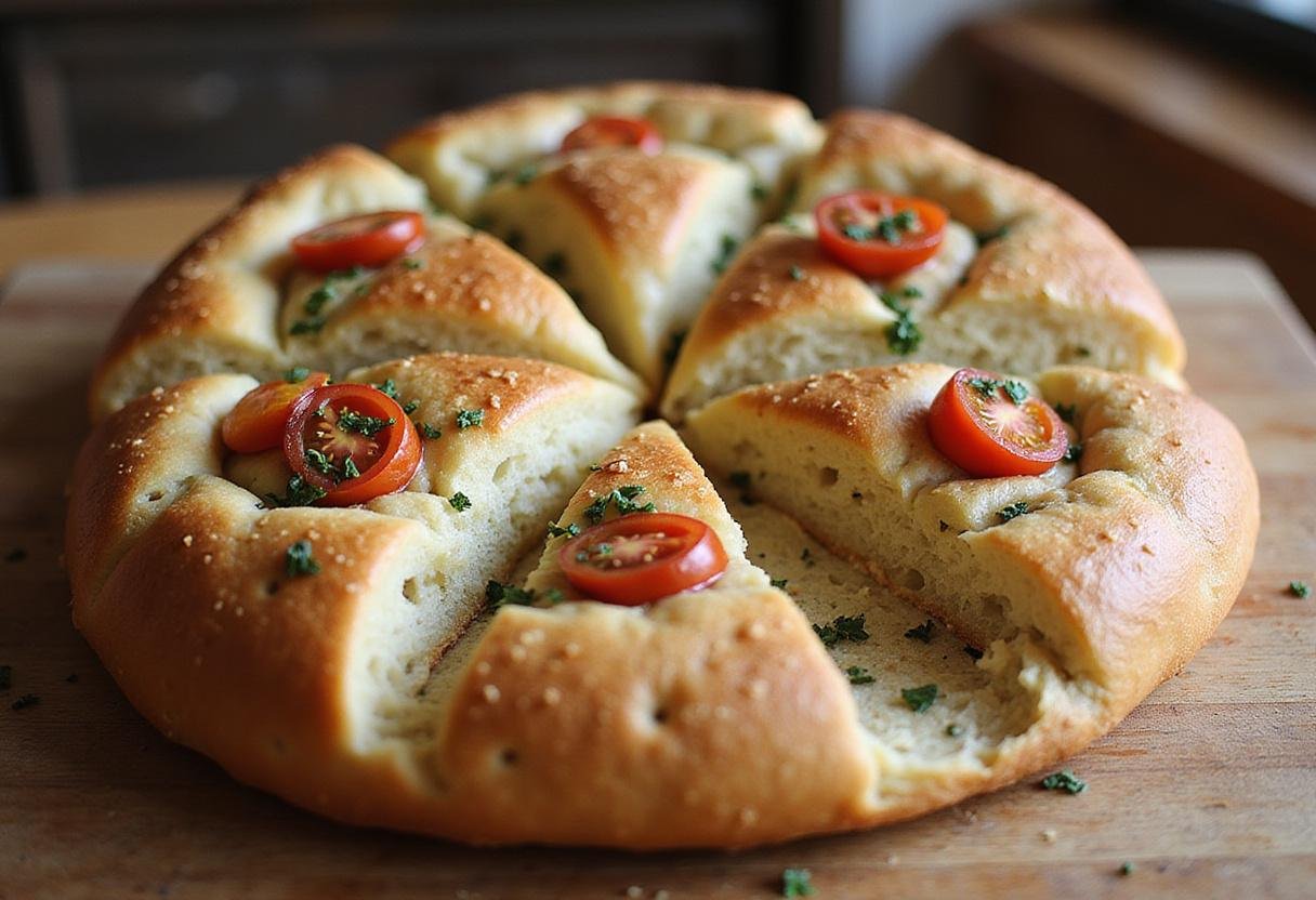 Perfectly baked sourdough focaccia bread with a crispy crust and soft inside. Showcasing the beauty of sourdough discard focaccia with vibrant toppings on a rustic cutting board.
