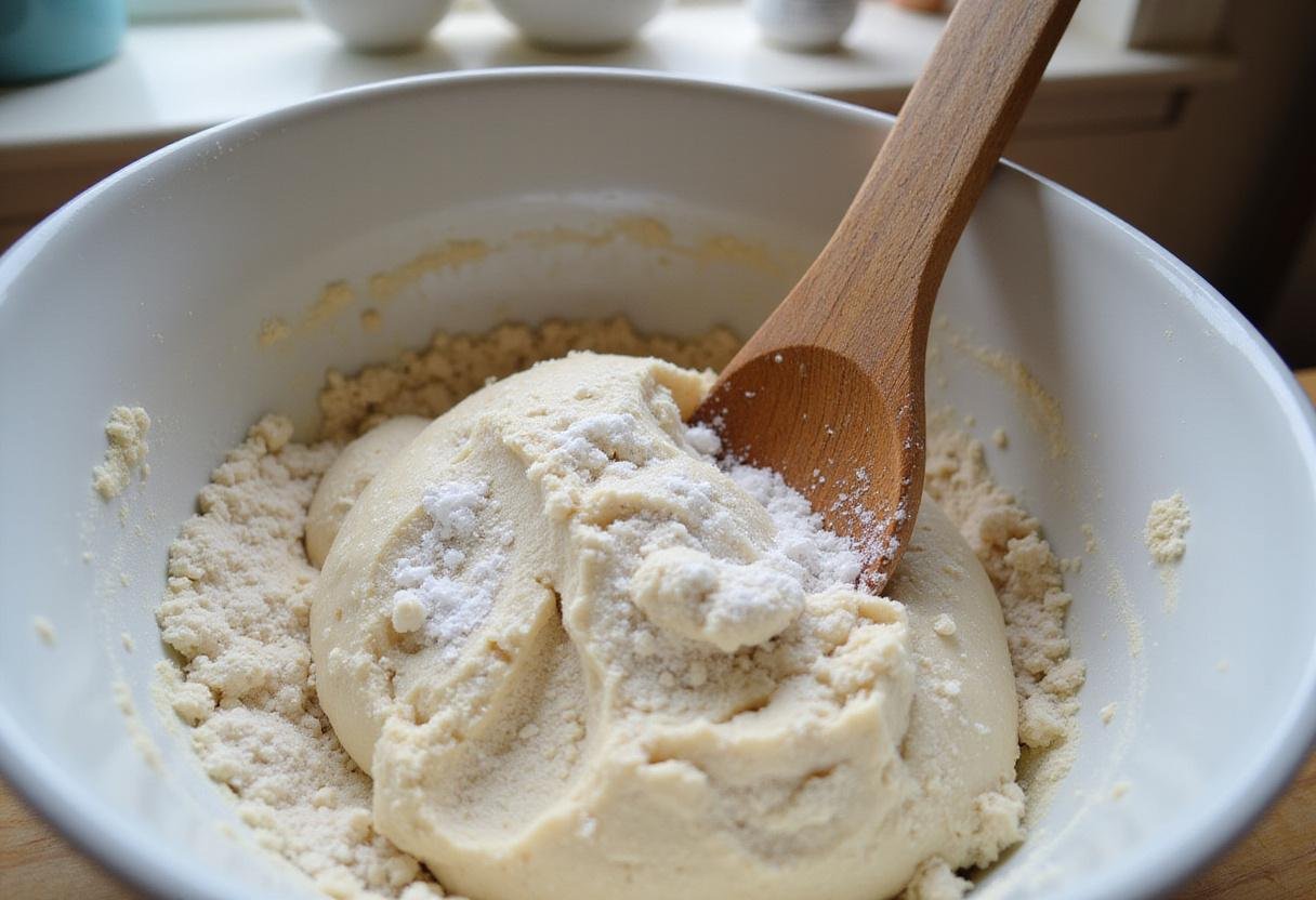Mixing sourdough discard focaccia ingredients in a bright kitchen. Showcasing the texture of the dough with flour, water, and sourdough starter for an authentic sourdough focaccia bread recipe.