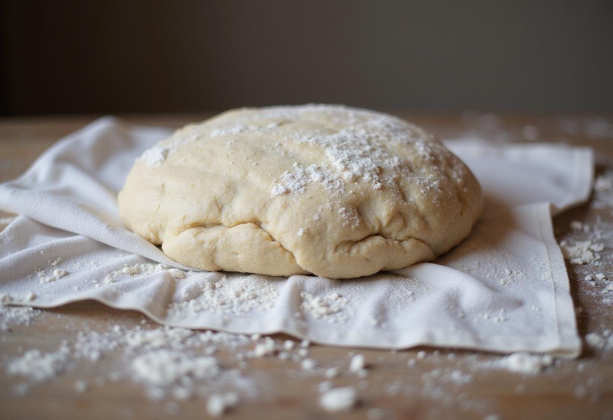 Resting sourdough focaccia dough on a rustic table. Capturing the process of dough resting for optimal hydration in the sourdough focaccia bread preparation.