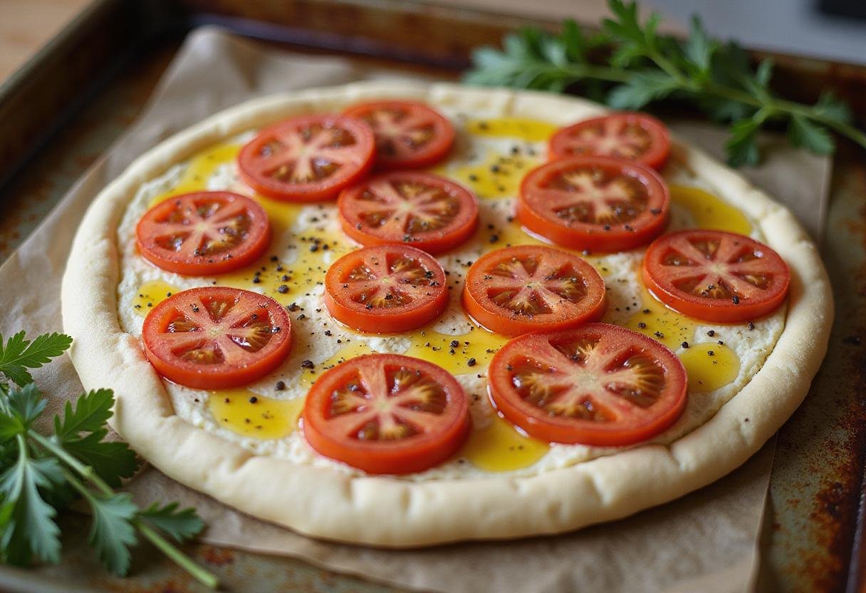 Preparing sourdough focaccia bread with tomatoes and spices. The vibrancy of the toppings enhances the allure of this unique sourdough focaccia bread recipe.