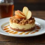 Final presentation of a specialty apple crumble cheesecake, showcasing a delicious dessert with perfect toppings in a delightful setting.