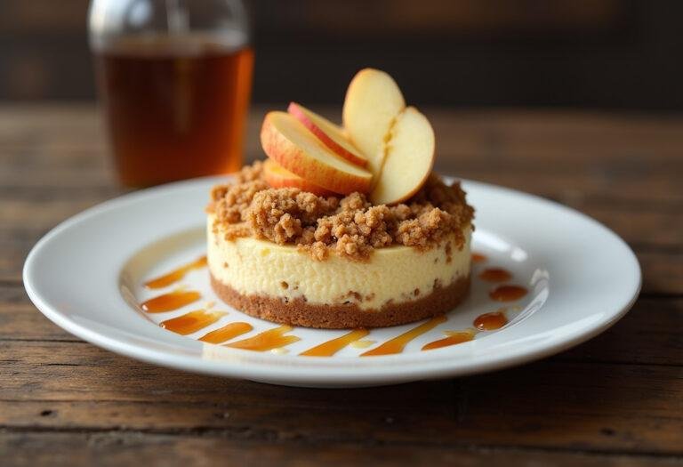 Final presentation of a specialty apple crumble cheesecake, showcasing a delicious dessert with perfect toppings in a delightful setting.