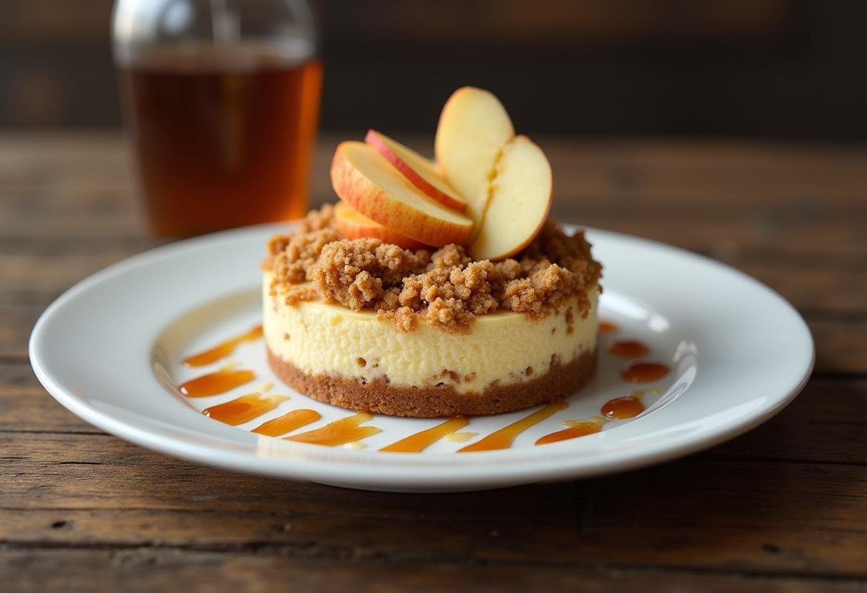 Final presentation of a specialty apple crumble cheesecake, showcasing a delicious dessert with perfect toppings in a delightful setting.