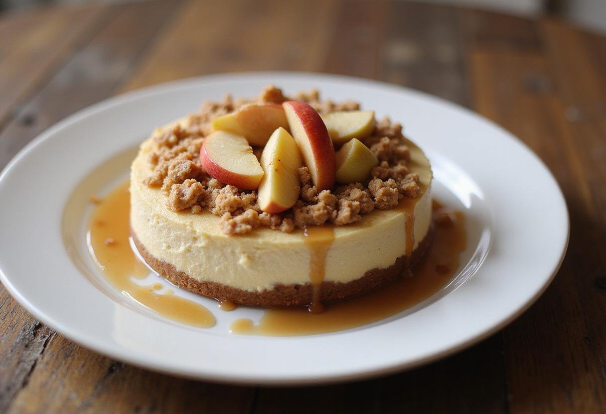 Final presentation of a specialty apple crumble cheesecake, showcasing a delicious dessert with perfect toppings in a delightful setting.