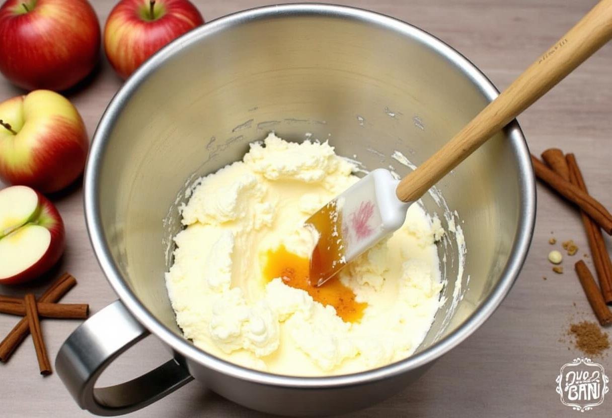 Creamy mixture for apple crumble cheesecake with fresh ingredients, showcasing the preparation of a delicious cheesecake.