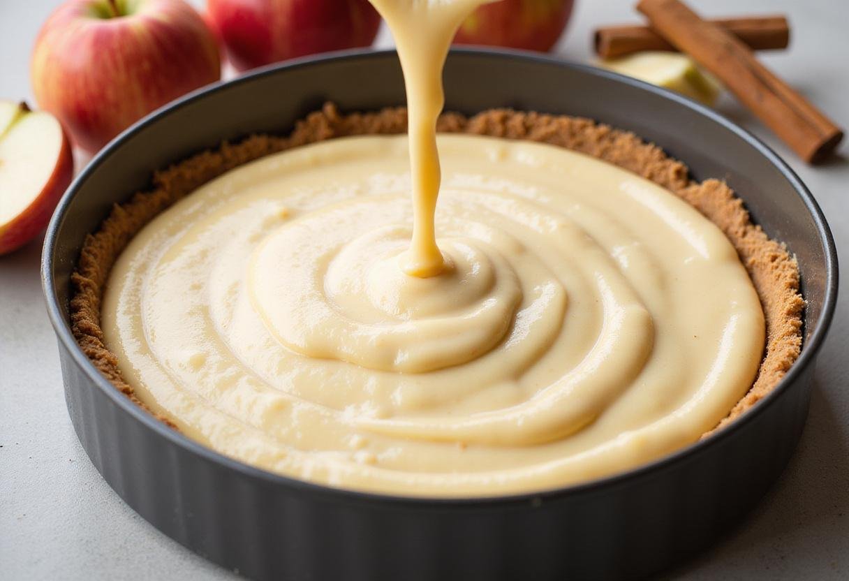 Pouring cheesecake batter into a graham cracker crust, emphasizing the creation process of a delightful apple crumble cheesecake.