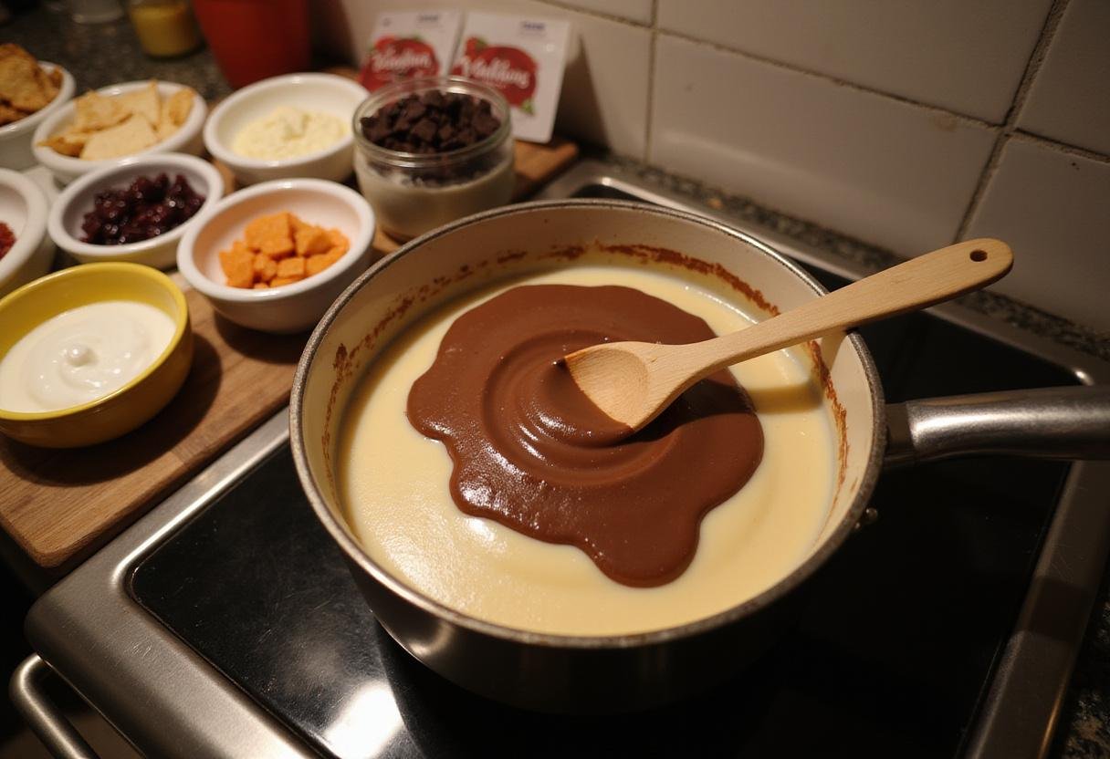 Making a creamy cheesecake fondue in a pot, ready to serve with an array of delightful toppings for an exquisite dessert experience.