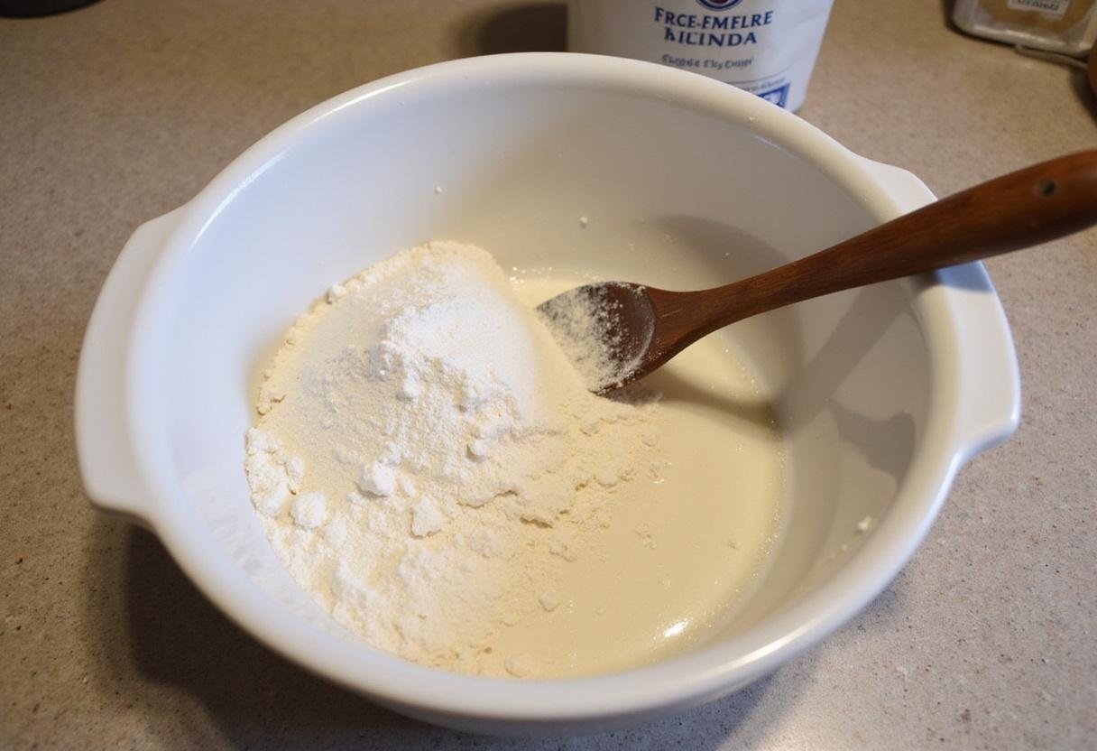 Ingredients for sourdough cinnamon rolls, including flour, sugar, and sourdough starter, displayed on a kitchen countertop.