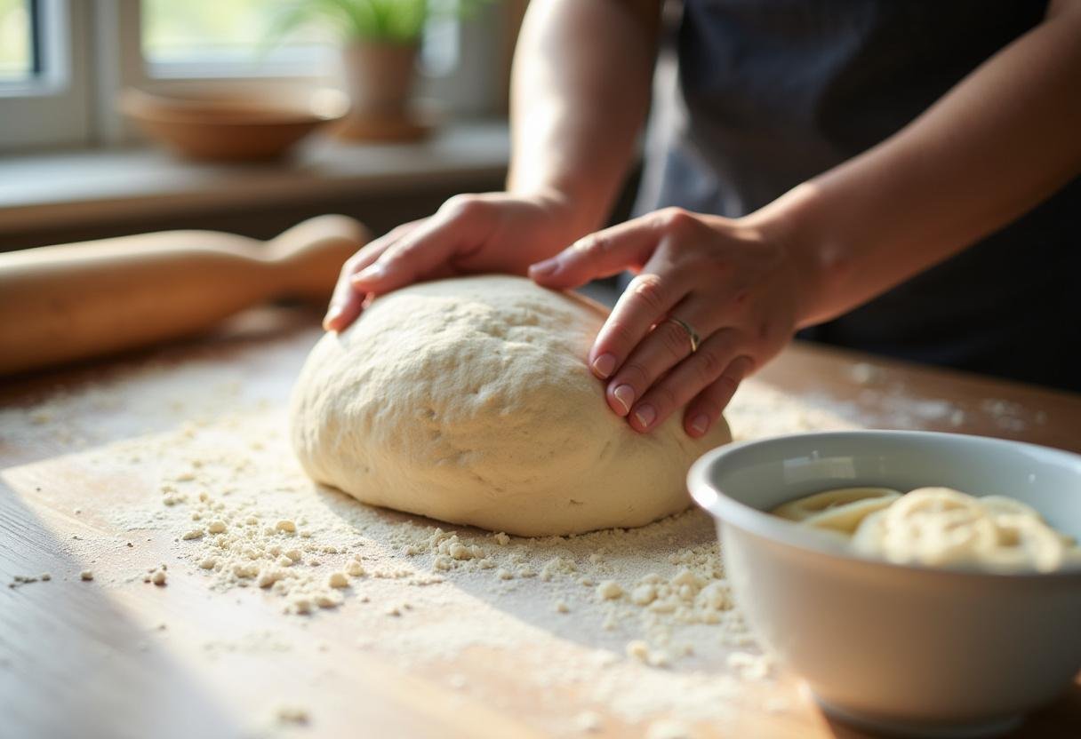 Rolling out dough for easy sourdough cinnamon rolls on a floured surface in a warm, inviting kitchen.