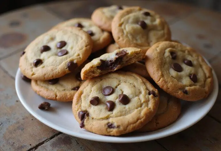 final display of brown butter toffee chocolate chip cookies on a rustic plate
