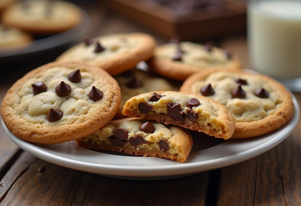 final display of brown butter toffee chocolate chip cookies on a rustic plate