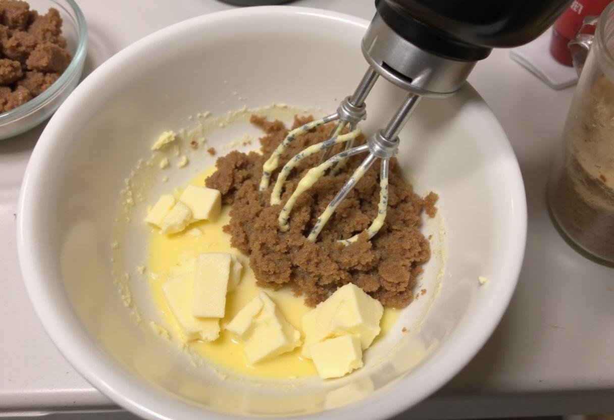 Creaming butter and sugar for grandma's chocolate chip cookies, inspired by classic recipes including Nestle and Hershey.