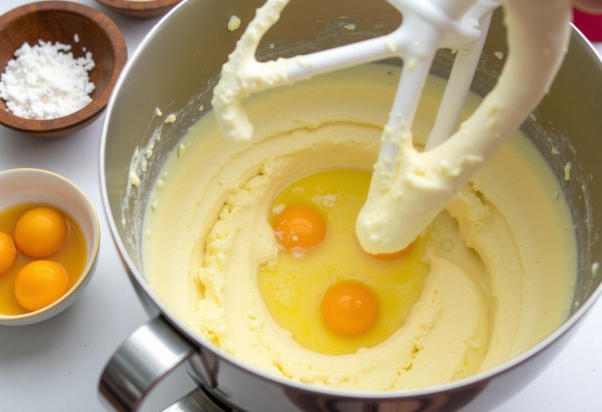 Adding eggs and vanilla to the mixture for Martha Stewart chocolate chip cookies, showcasing essential steps.