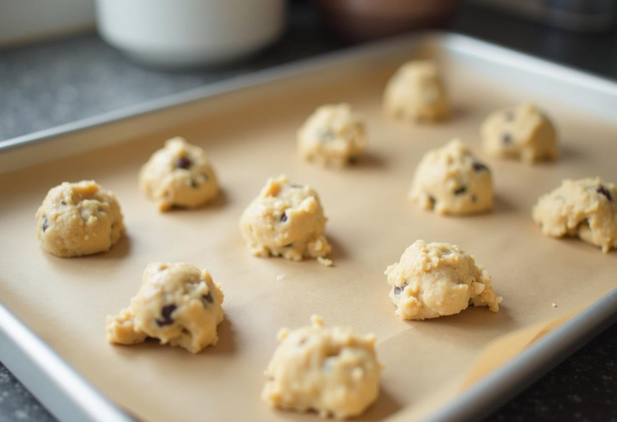 Scooping cookie dough onto baking sheets for traditional chocolate chip cookies from top-rated recipes.