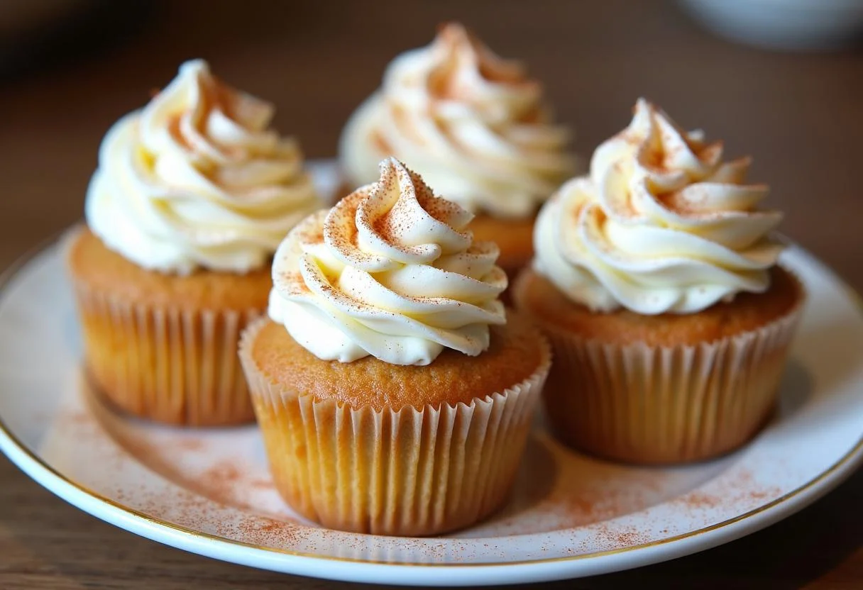 Finished Vanilla Chai Pumpkin Spice Latte Cupcakes with whipped cream and cinnamon topping.
