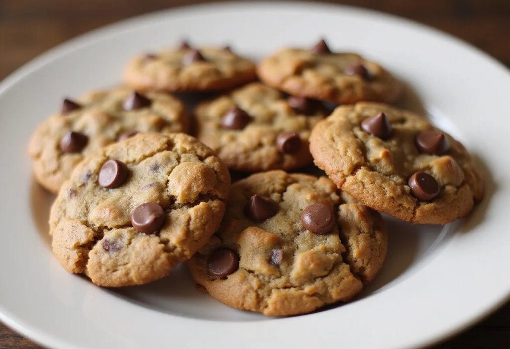 Delicious vegan oatmeal chocolate chip cookies on a plate, warm and inviting.