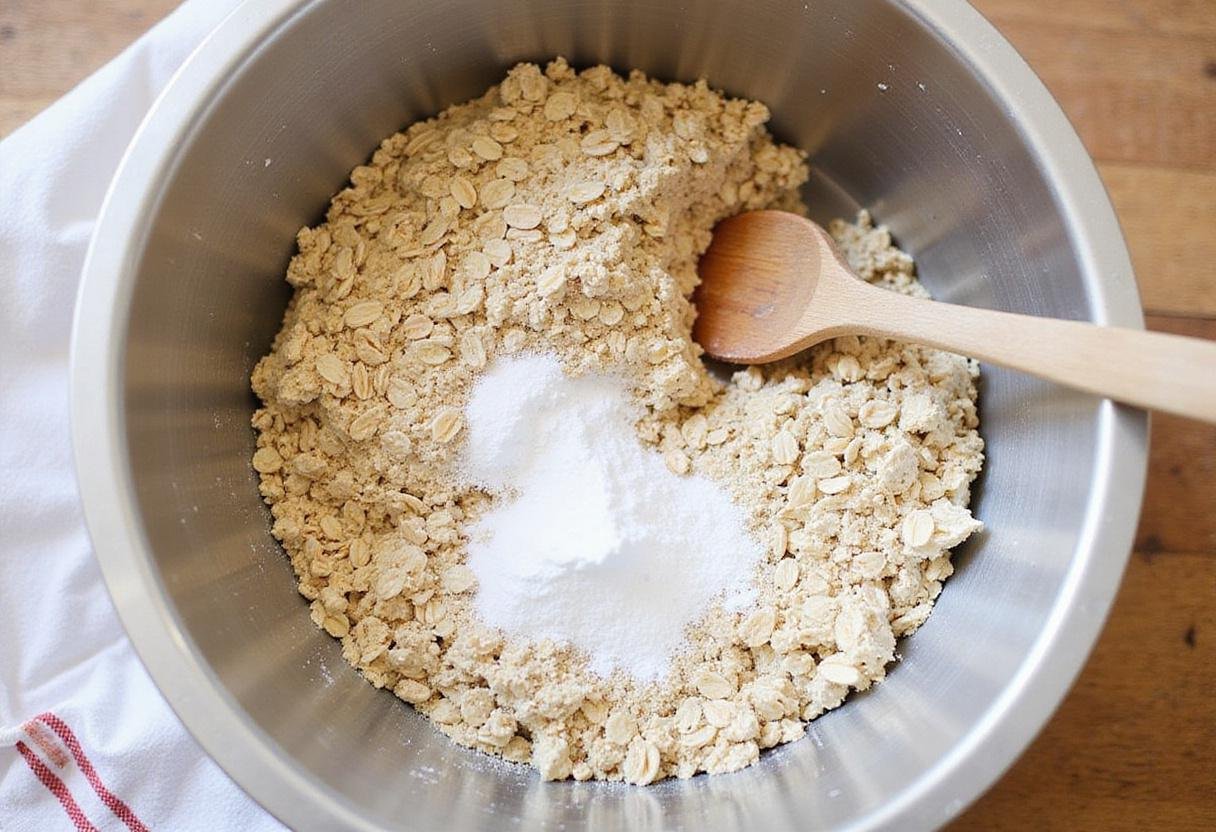 Mixing rolled oats and flour for vegan oatmeal chocolate chip cookies in a large bowl.