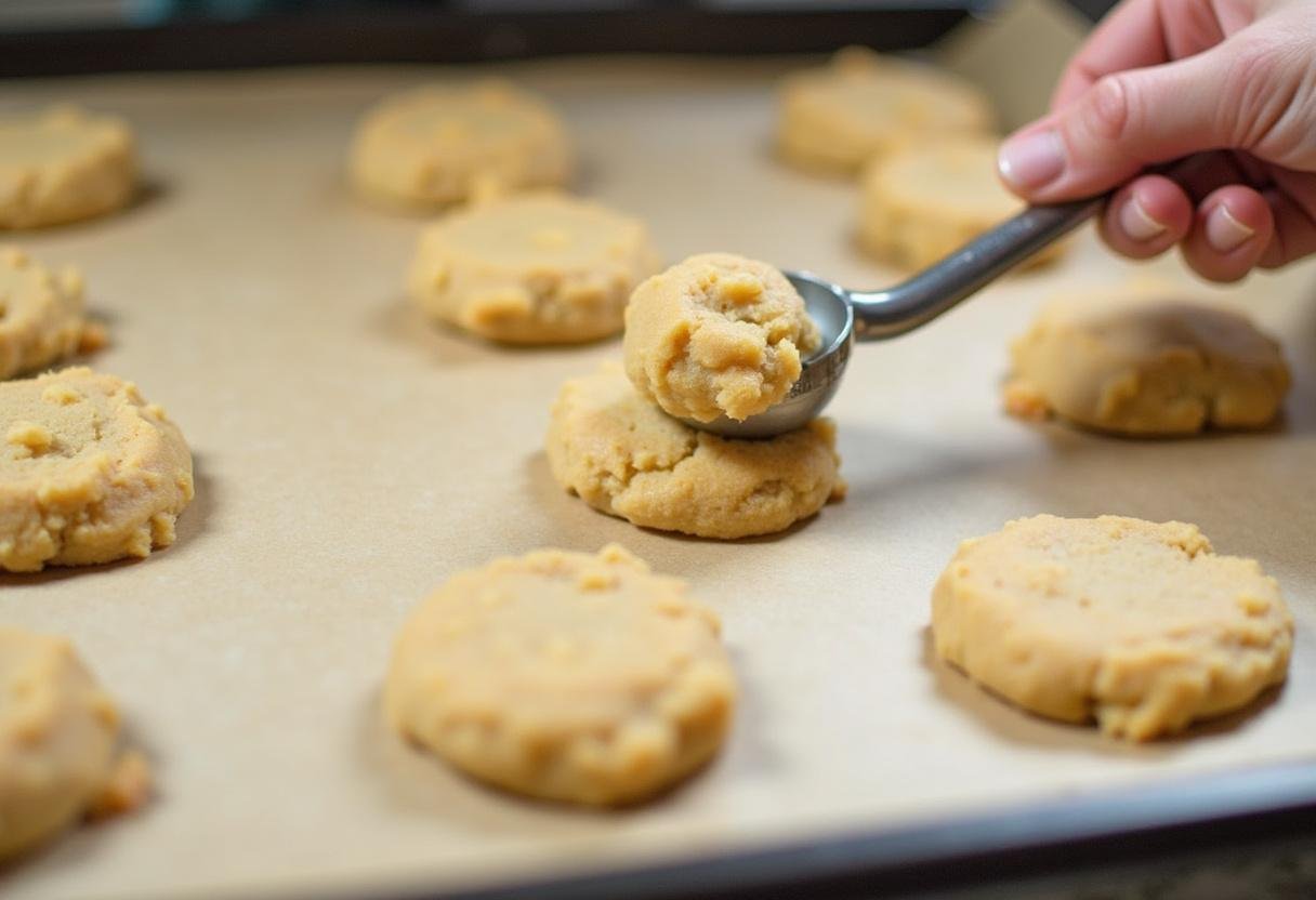 Scooping vegan oatmeal chocolate chip cookie dough onto a baking sheet ready for the oven.