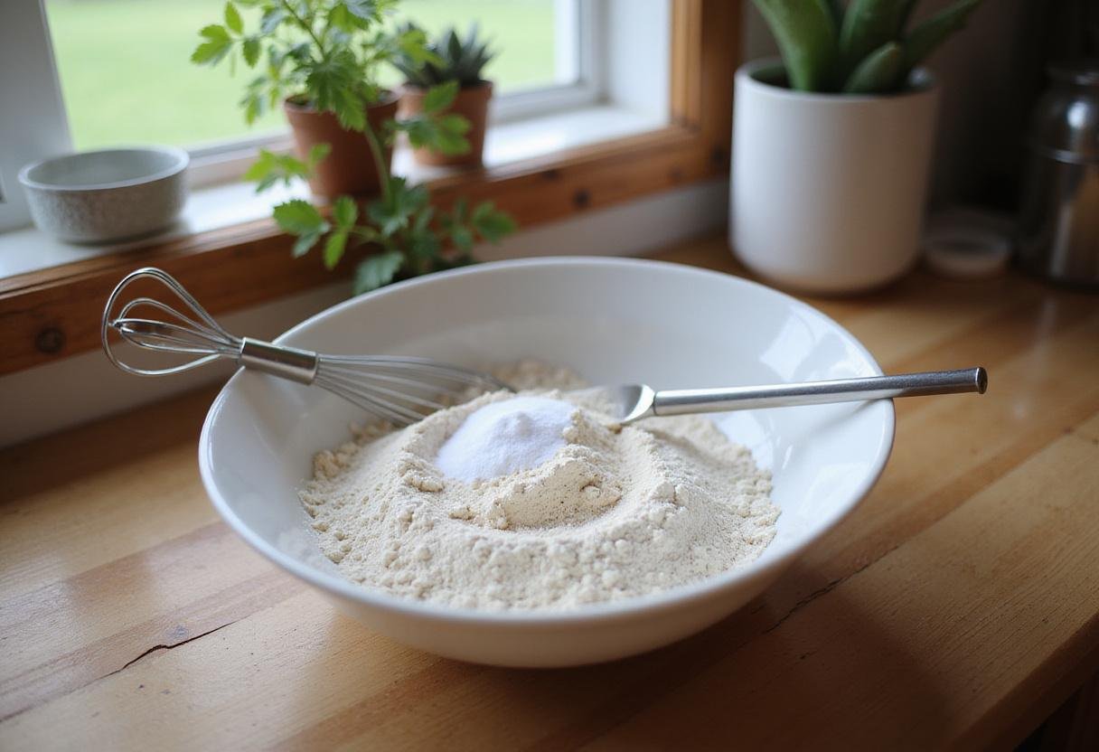 Preparing ingredients for white chocolate chip cookies, showcasing flour, baking powder, and salt for white chocolate peppermint cookies, chocolate cookies with white chocolate chips, and lemon white chocolate cookies.
