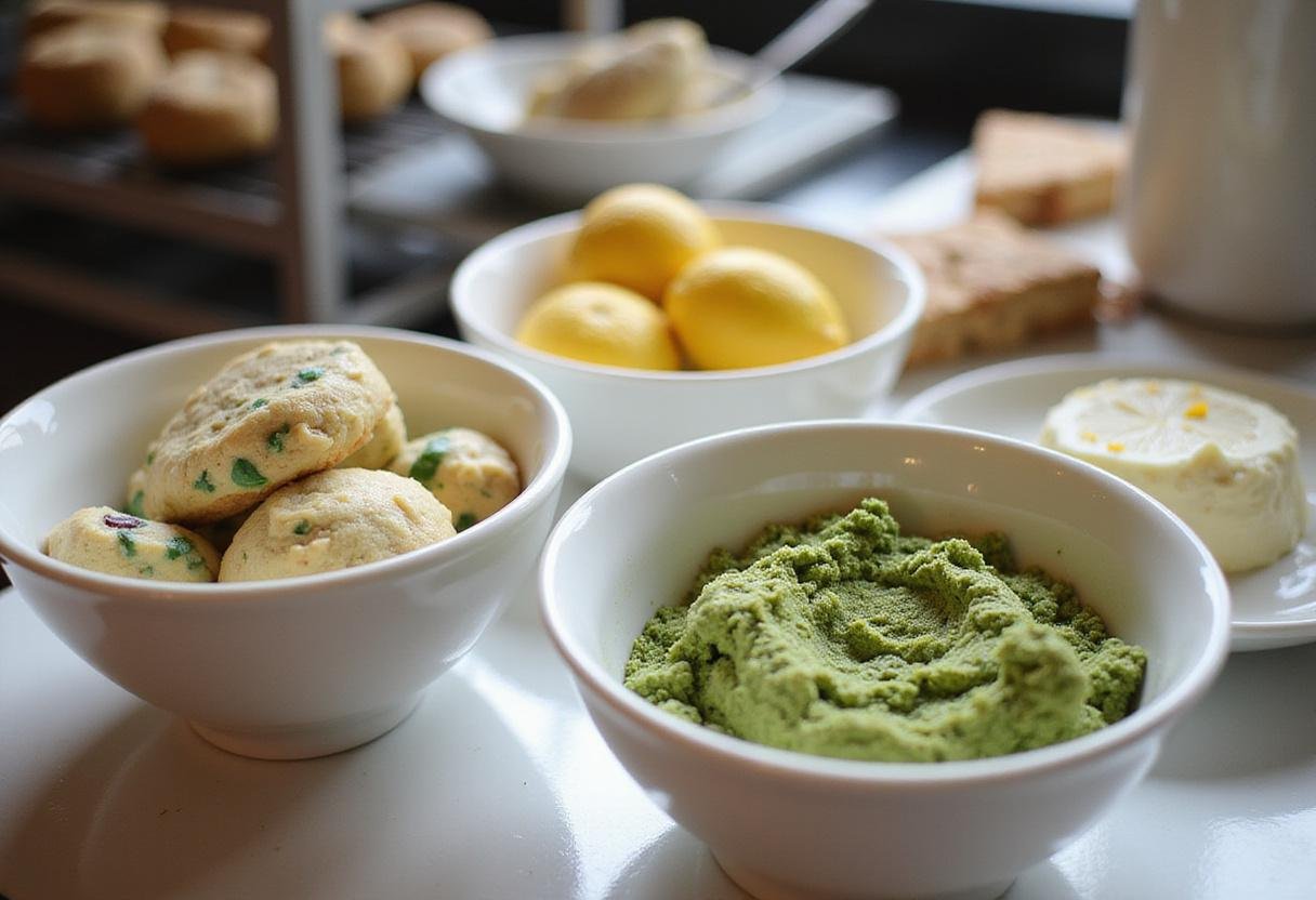 Creating unique variations of white chocolate cookies, displaying peppermint, lemon, and matcha flavors, perfect for chocolate chip variations and chocolate cookies with white chocolate chips.