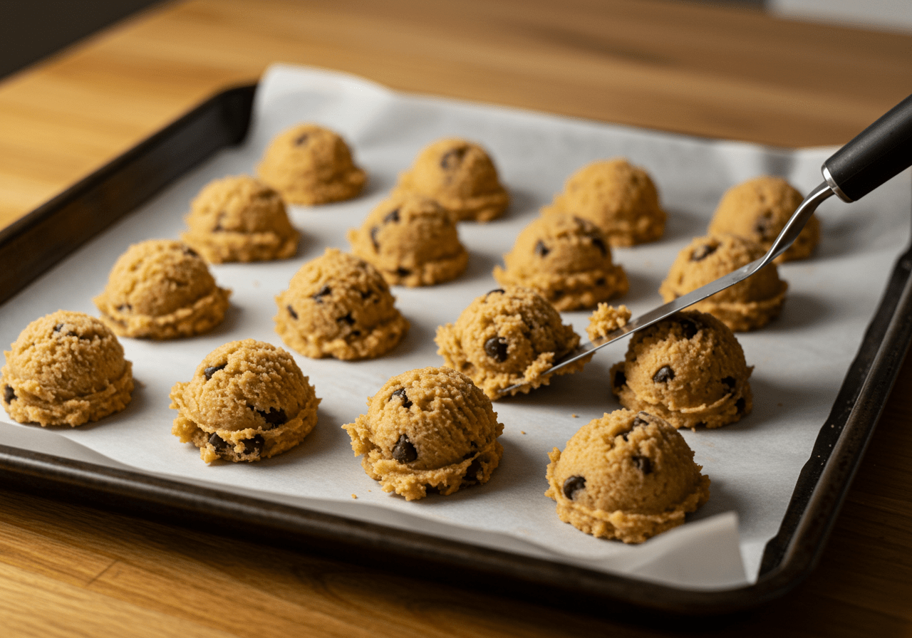 Portioning banana and butterscotch chocolate chip cookie dough onto a baking sheet, preparing for baking.