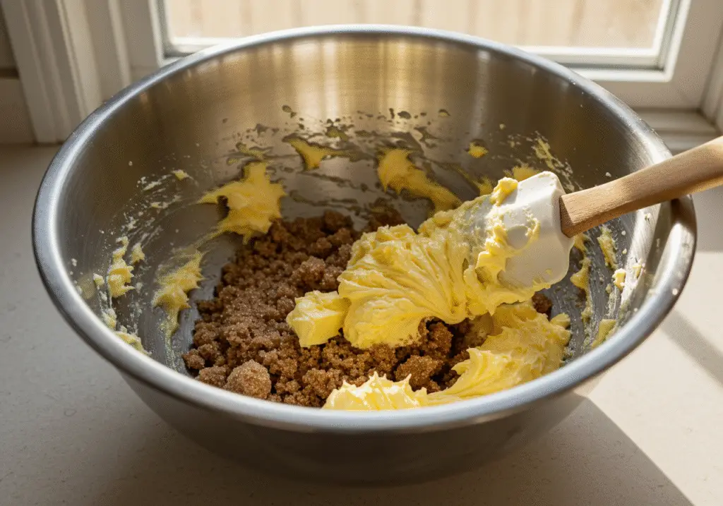 Detailing the process of making classic chocolate chip cookies, showcasing butter and brown sugar being creamed together for the best Betty Crocker chocolate chip cookie recipe.