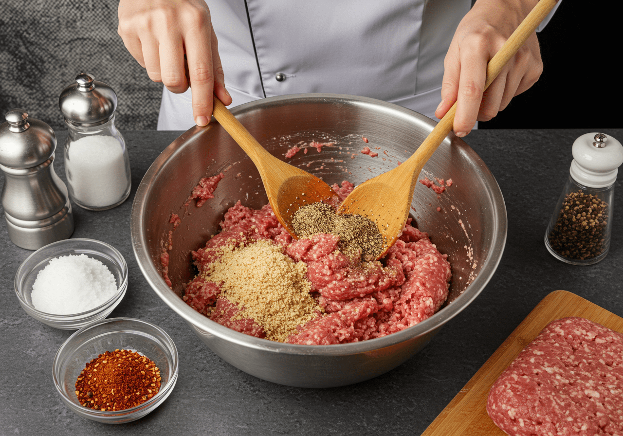Mixing ground beef with breadcrumbs and seasoning for cheesesteak meatloaf.