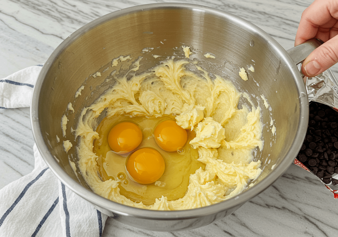 Adding eggs to the chocolate chip cookie pie mixture for a rich flavor.