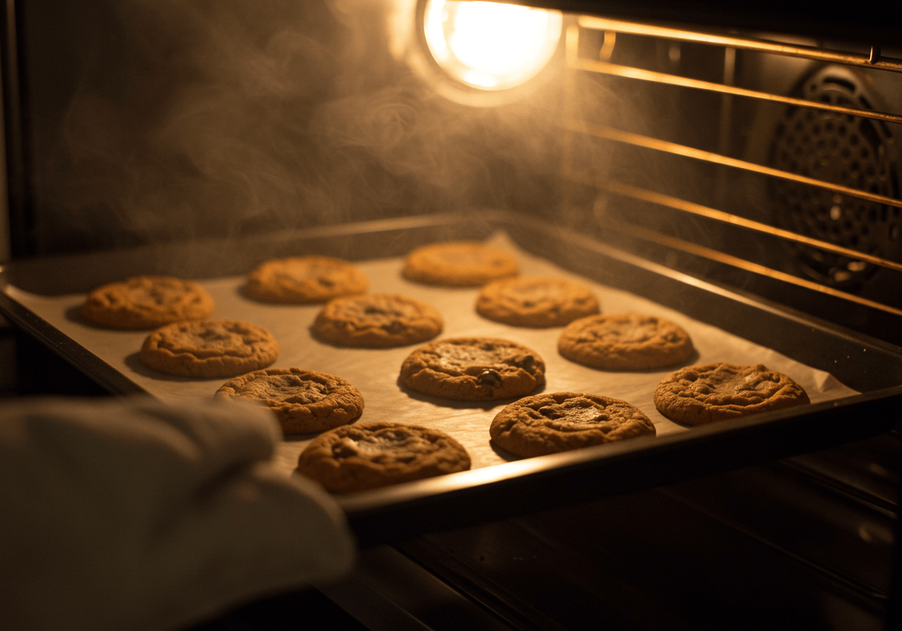 Freshly baked chocolate chip cookie variations being removed from the oven, revealing their golden-brown perfection.