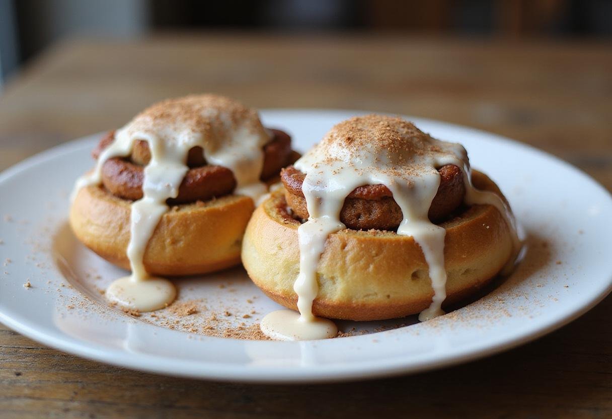 Deliciously baked sourdough cinnamon rolls drizzled with icing, showcasing the perfect recipe for an indulgent breakfast treat.