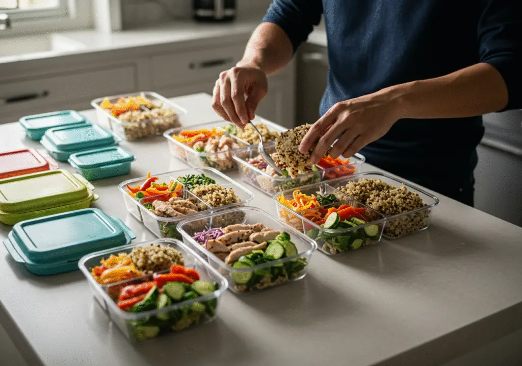 Low calorie high protein meal prep with colorful containers filled with quinoa and chicken.