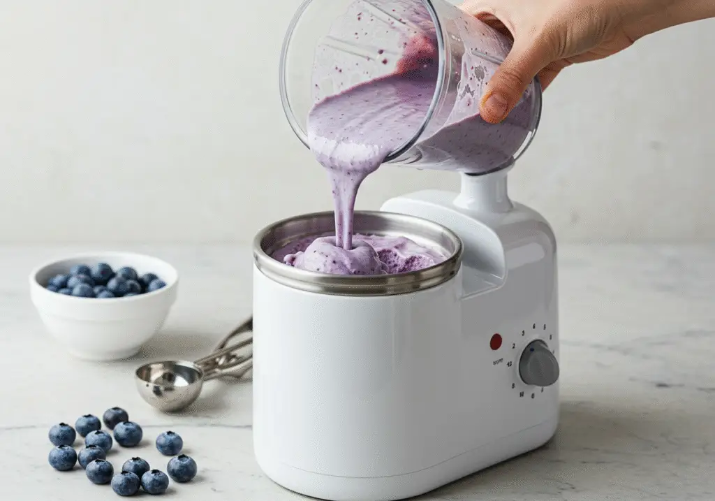 Pouring cottage cheese mixture into an ice cream maker for making blueberry cottage cheese ice cream.