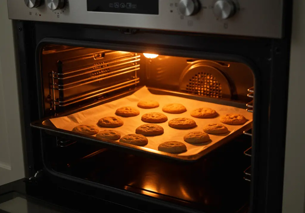 Peanut butter oatmeal chocolate chip cookies baking in the oven, with a timer set on the kitchen counter, emphasizing the baking process.