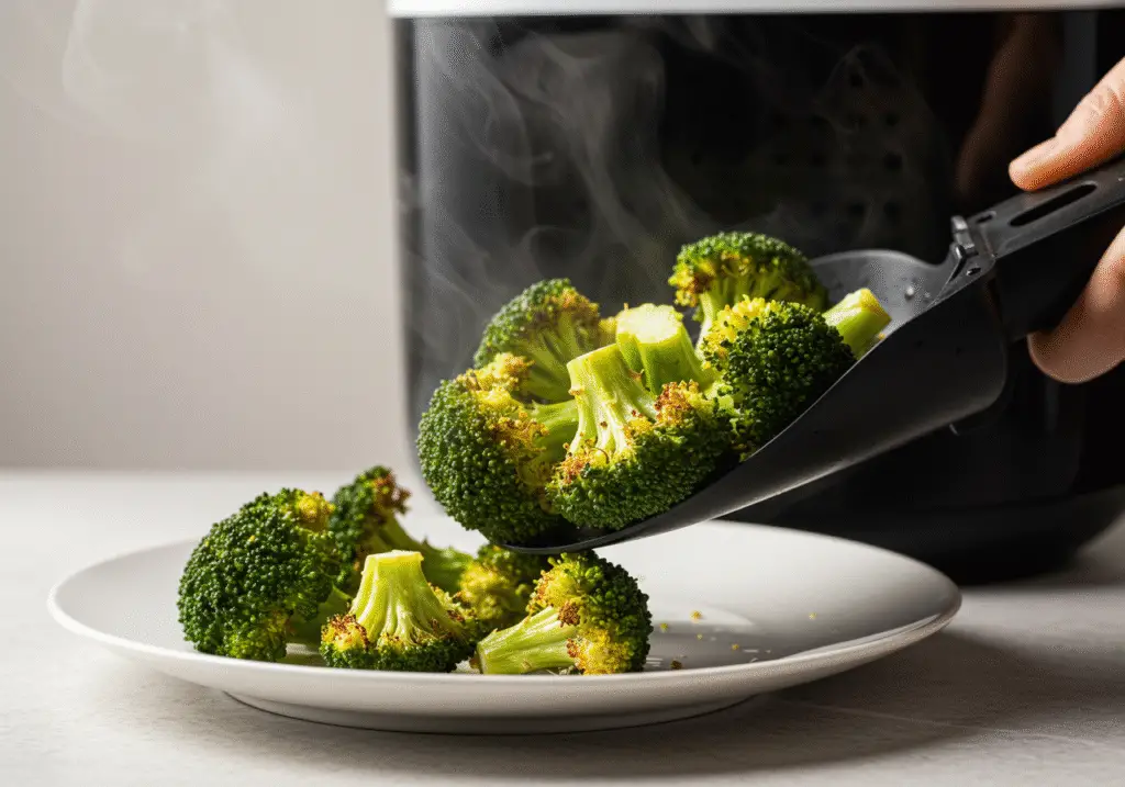Perfectly roasted broccoli being plated after air frying, showcasing the vibrant color and crisp texture.