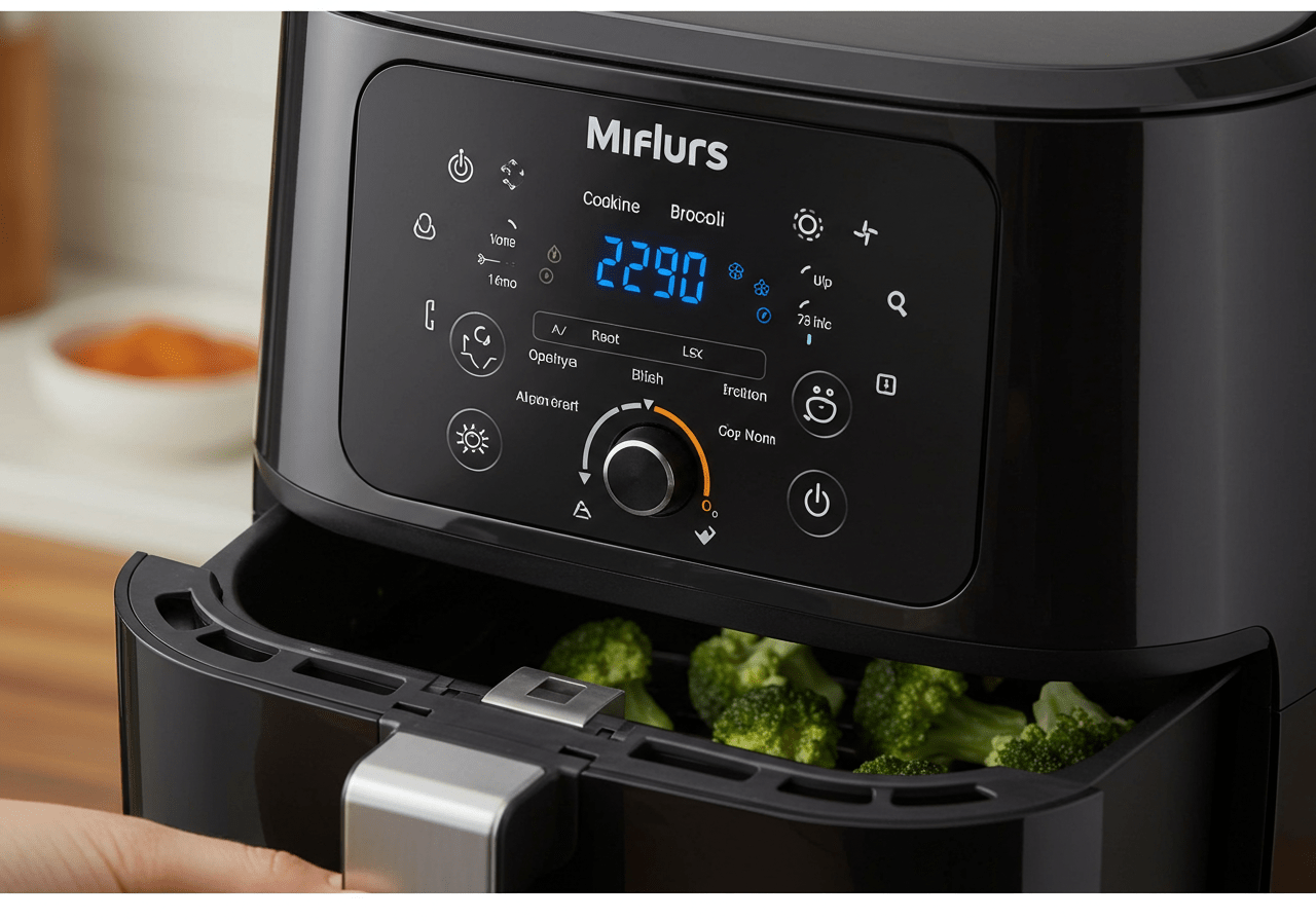 Setting the air fryer for cooking frozen broccoli at the ideal temperature and time for perfect results.