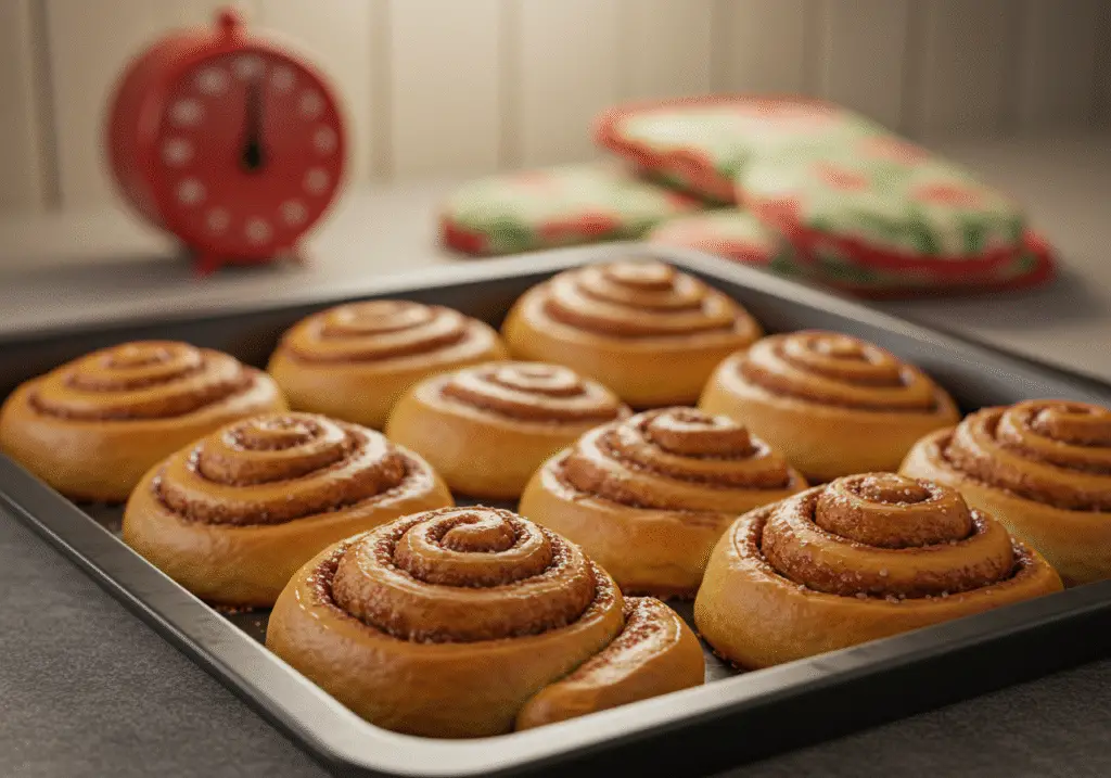 Tray of freshly shaped sourdough cinnamon rolls ready for baking, featuring an inviting homey kitchen atmosphere.