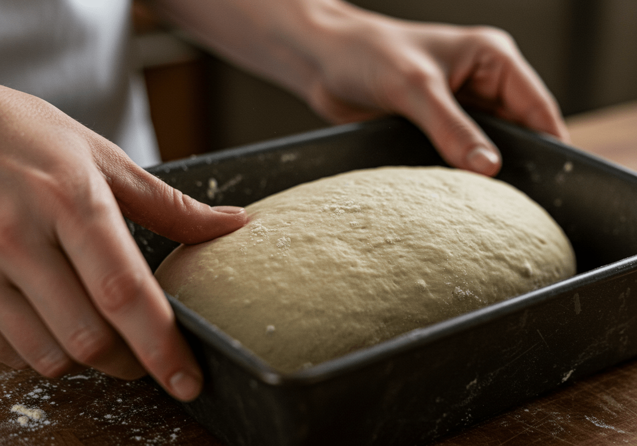 Shaping dough into a loaf for baking sourdough discard sandwich bread.