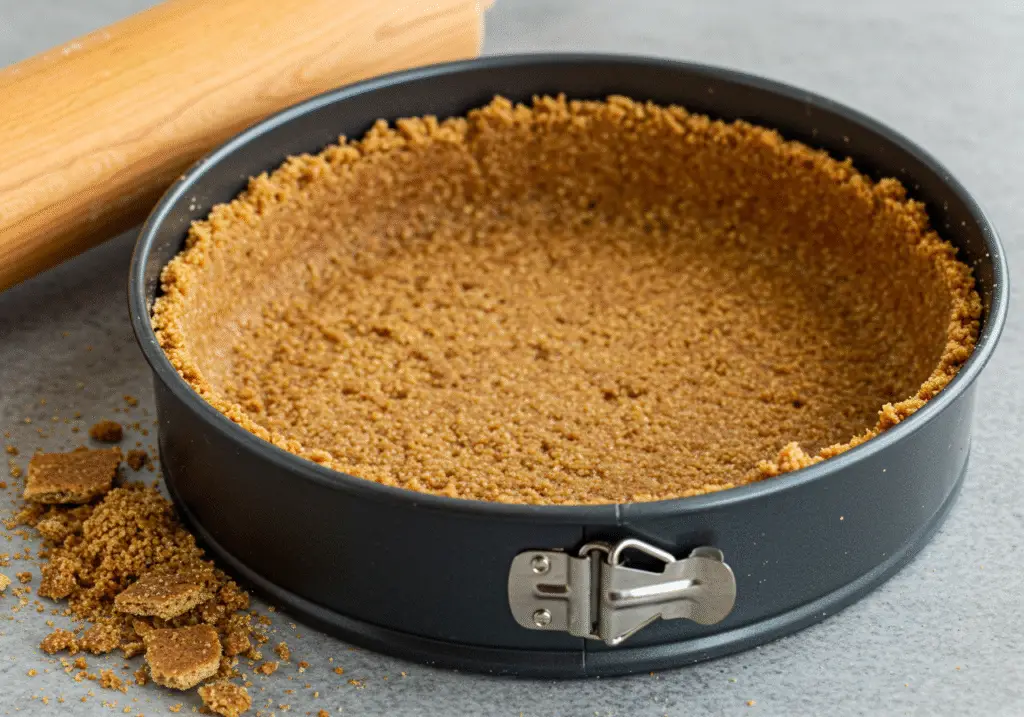 Homemade graham cracker crust preparation for apple crumble cheesecake, highlighting the craft of creating a perfect cheesecake base.