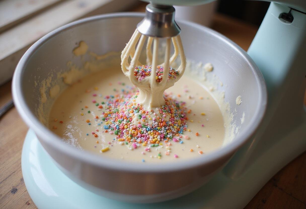 Mixing colorful cake batter with sprinkles for exciting 21st birthday cake ideas in a cheerful kitchen setting.