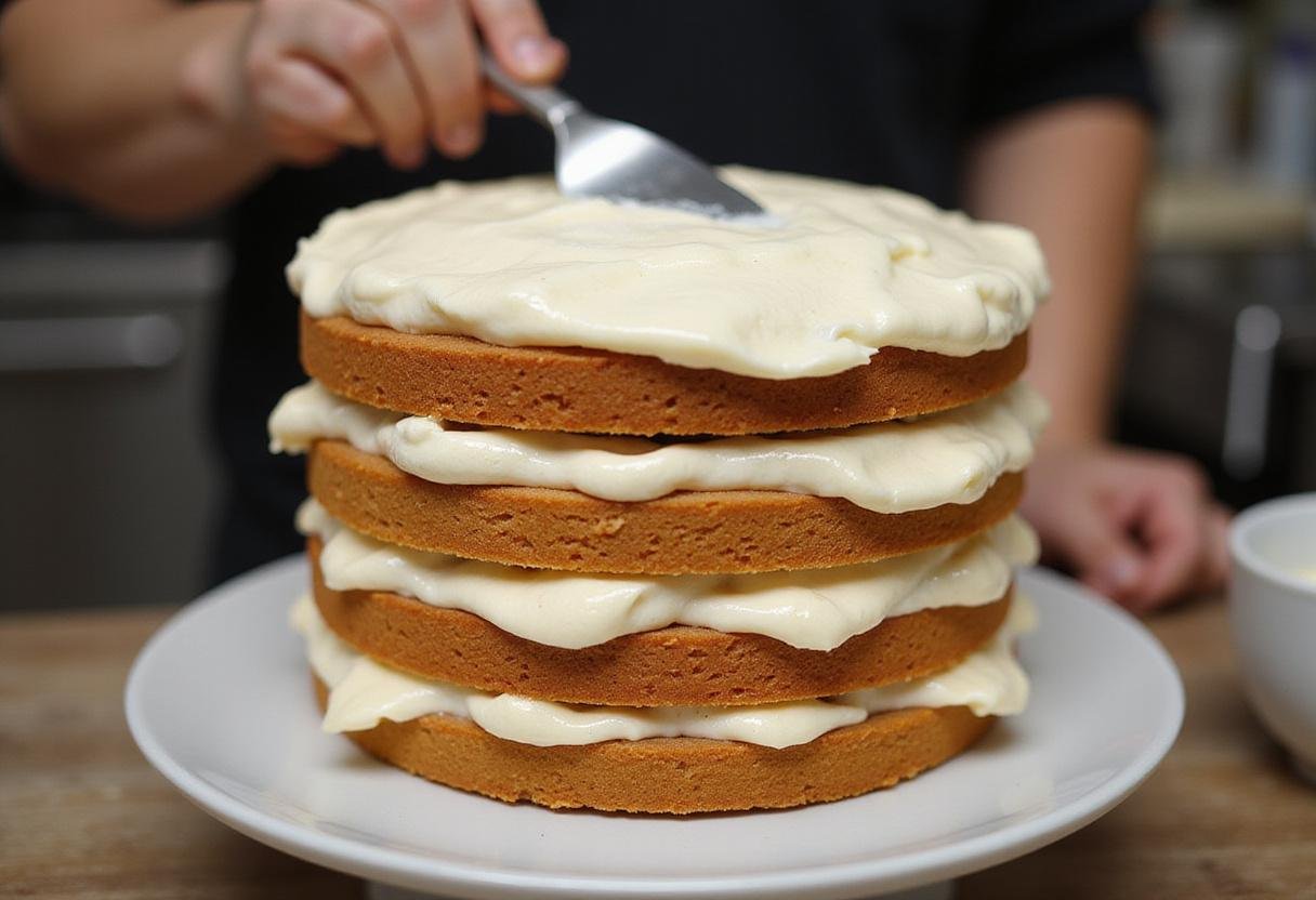 Assembling a multi-layer cake with frosting for 21st birthday cake ideas, showcasing the layers beautifully stacked up.
