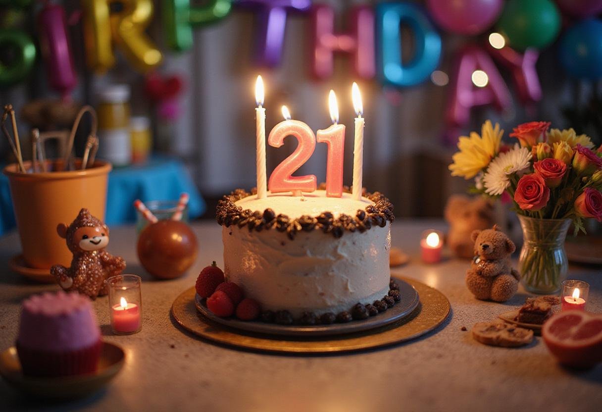 Final assembly of a decorated 21st birthday cake with candles and party decor, perfect for birthday celebrations.
