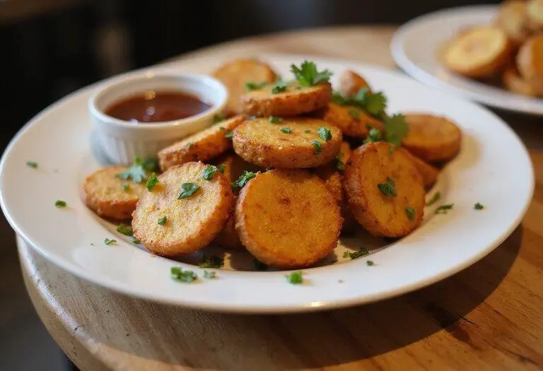 Deliciously presented Air Fryer Crispy Potatoes on a plate, garnished with herbs and accompanied by a dipping sauce, ideal for an appetizing dish.