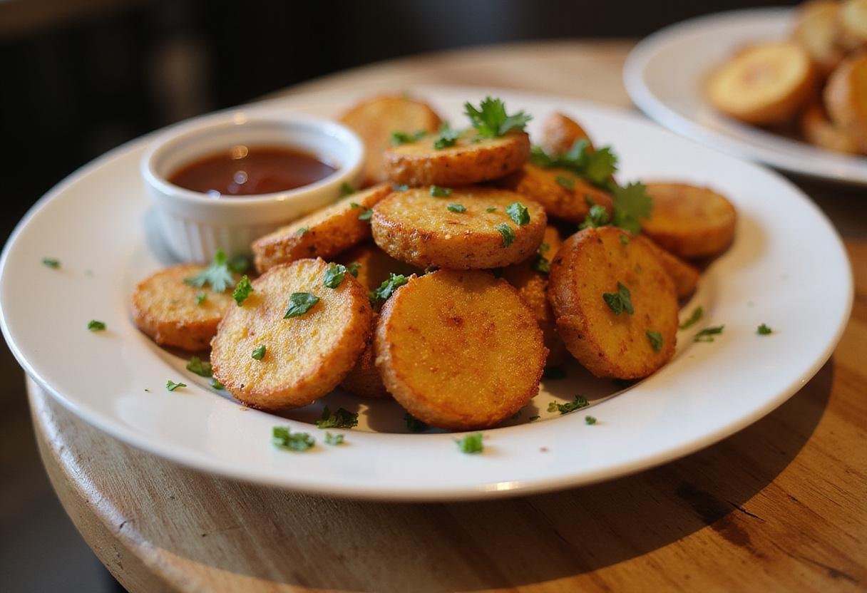 Deliciously presented Air Fryer Crispy Potatoes on a plate, garnished with herbs and accompanied by a dipping sauce, ideal for an appetizing dish.