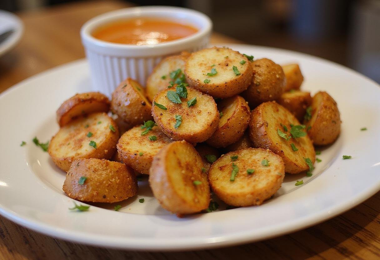 Deliciously presented Air Fryer Crispy Potatoes on a plate, garnished with herbs and accompanied by a dipping sauce, ideal for an appetizing dish.