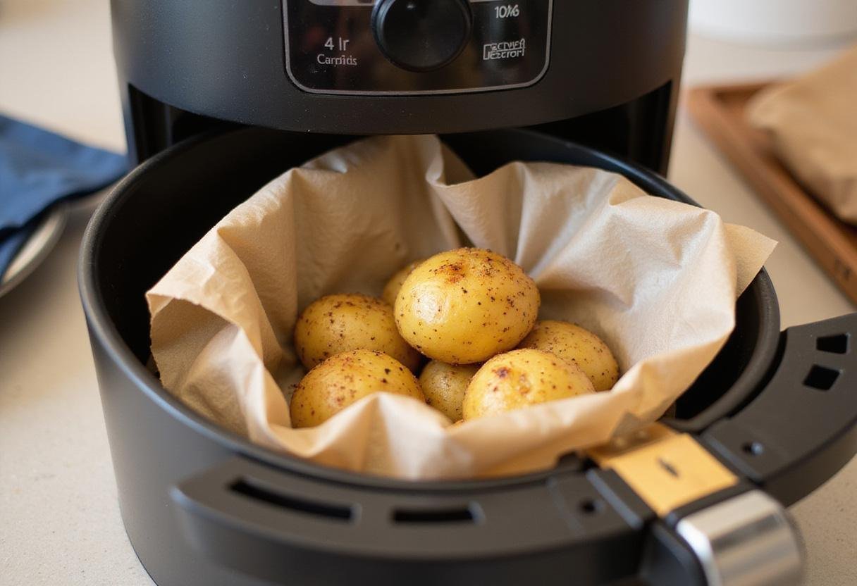 Prepping the air fryer with parchment paper to achieve crispy Air Fryer Crispy Potatoes, illustrating the cooking setup for perfect frying.