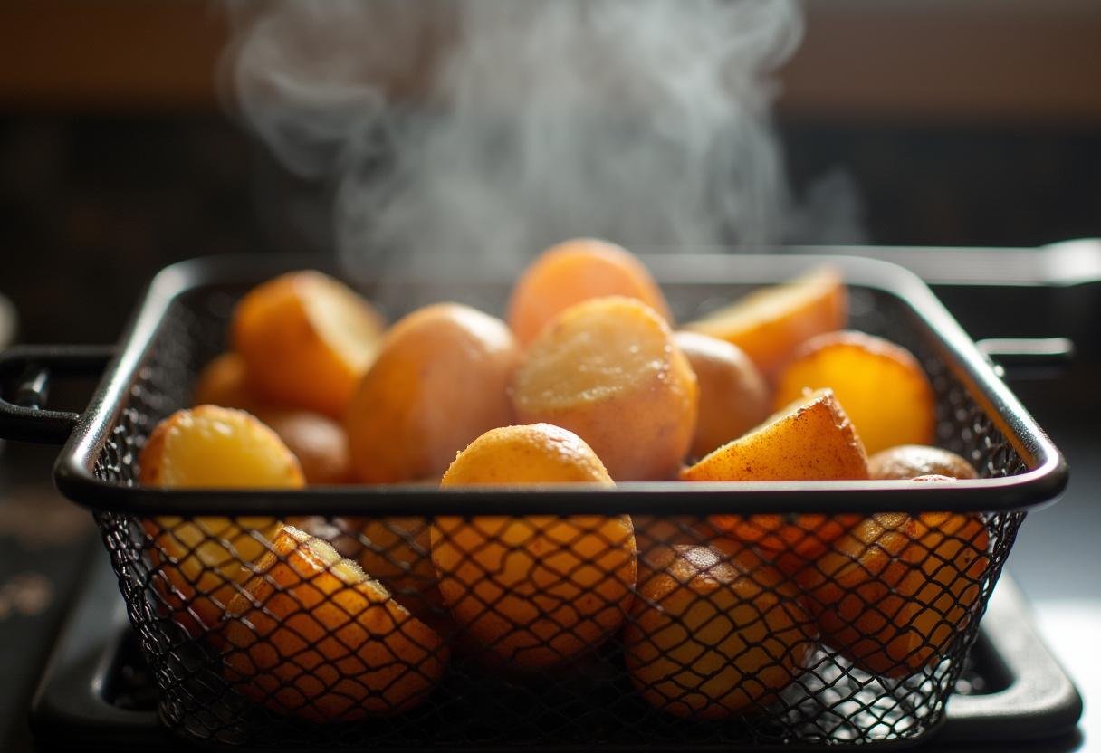 Browning crispy potatoes in the air fryer, the key step for delicious Air Fryer Crispy Potatoes, showcasing their enticing color and texture.